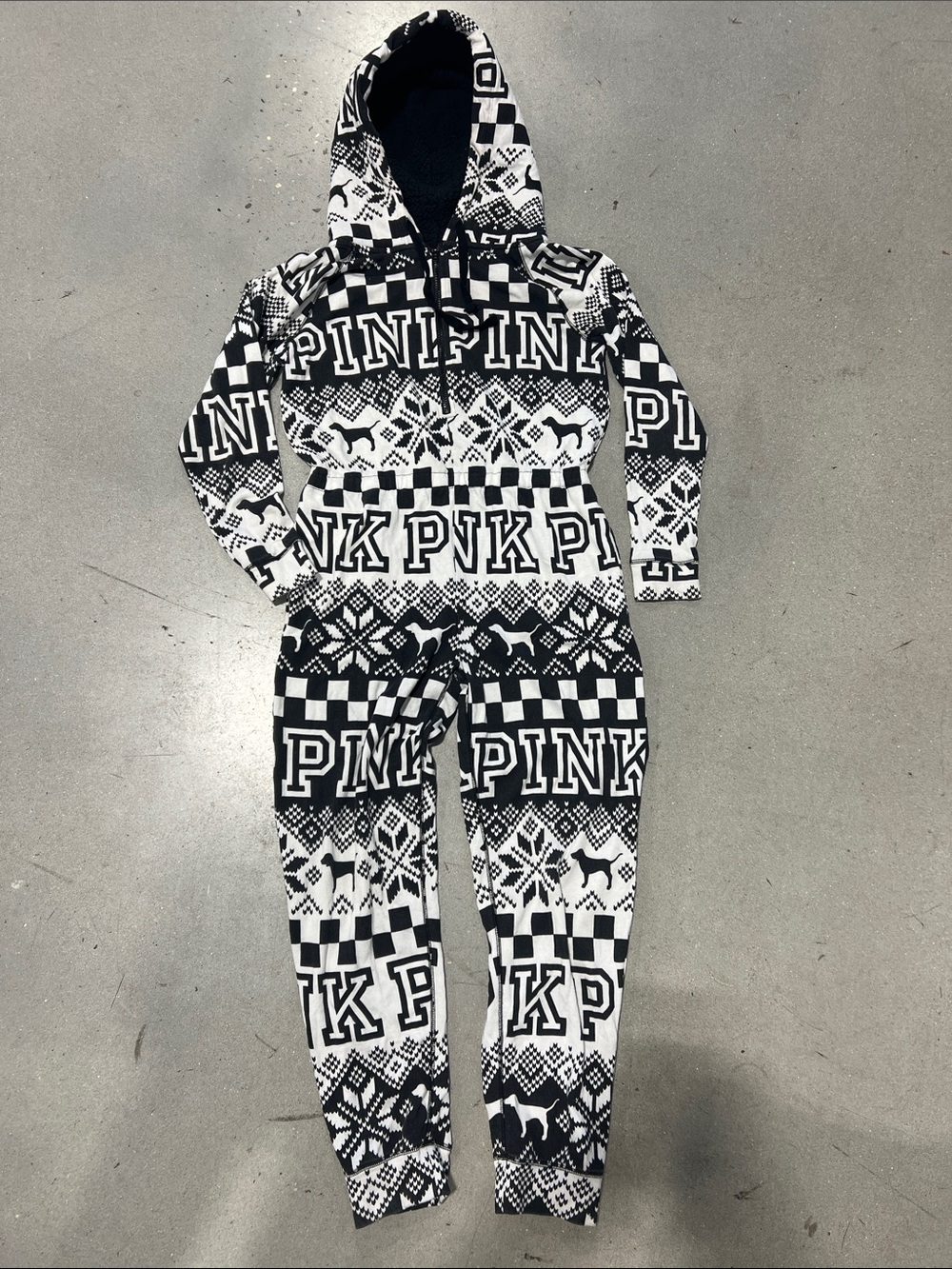 PINK Black & White Logo One-Piece Hooded Jumpsuit Size M